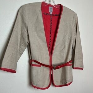 Tristan Tailored Cropped Sleeve Belted Blazer in Tan with Coral Accent